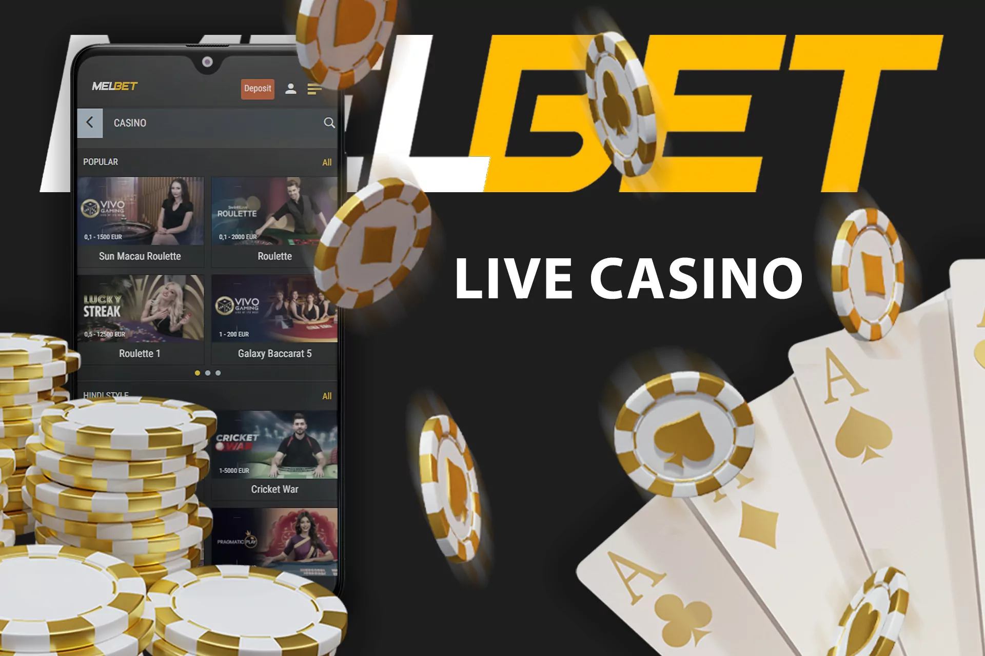 Play live casino games with real dealers in the Melbet app.