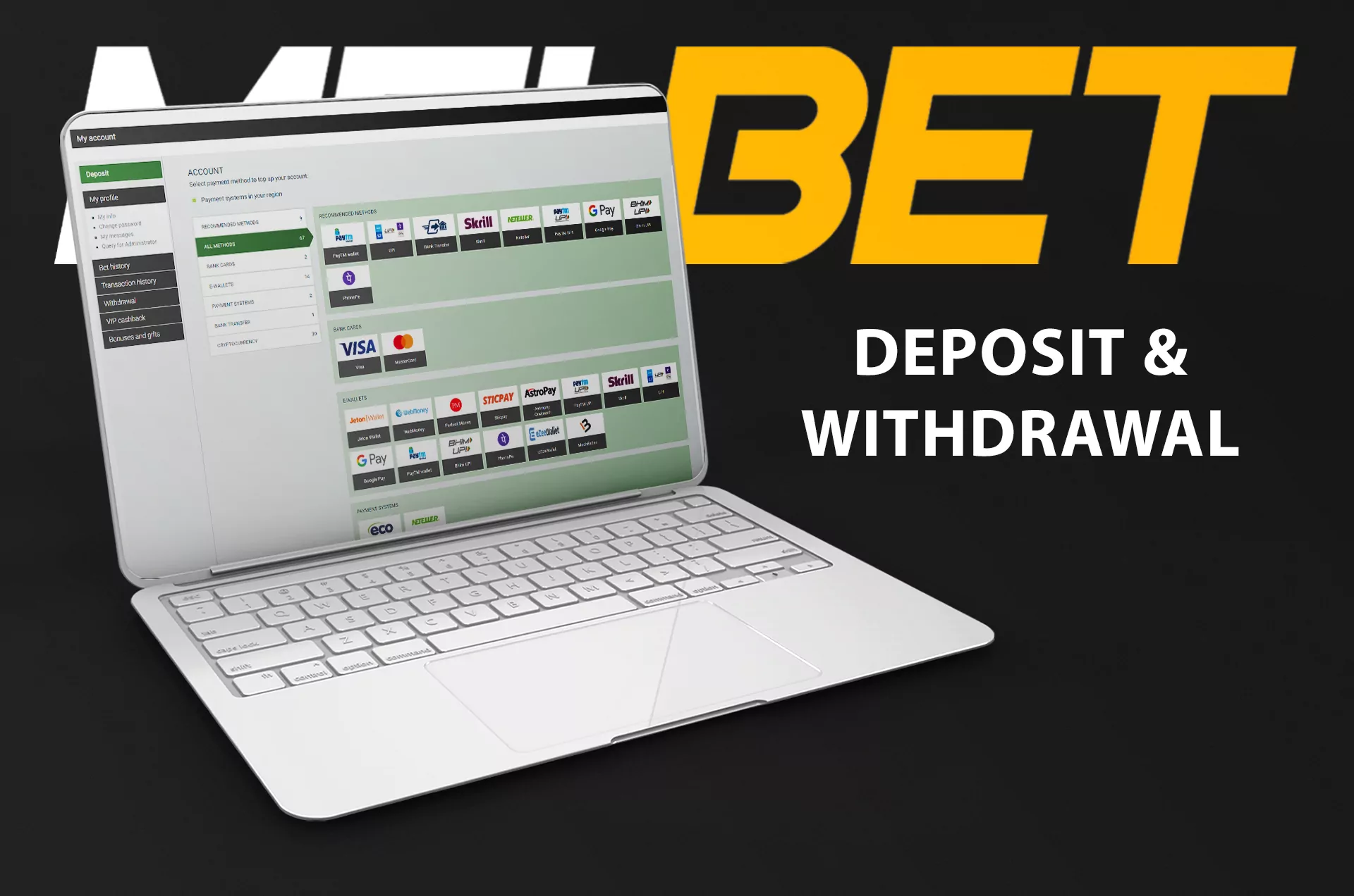 There are more than 50 available payment methods to deposit and withdraw money at Melbet.