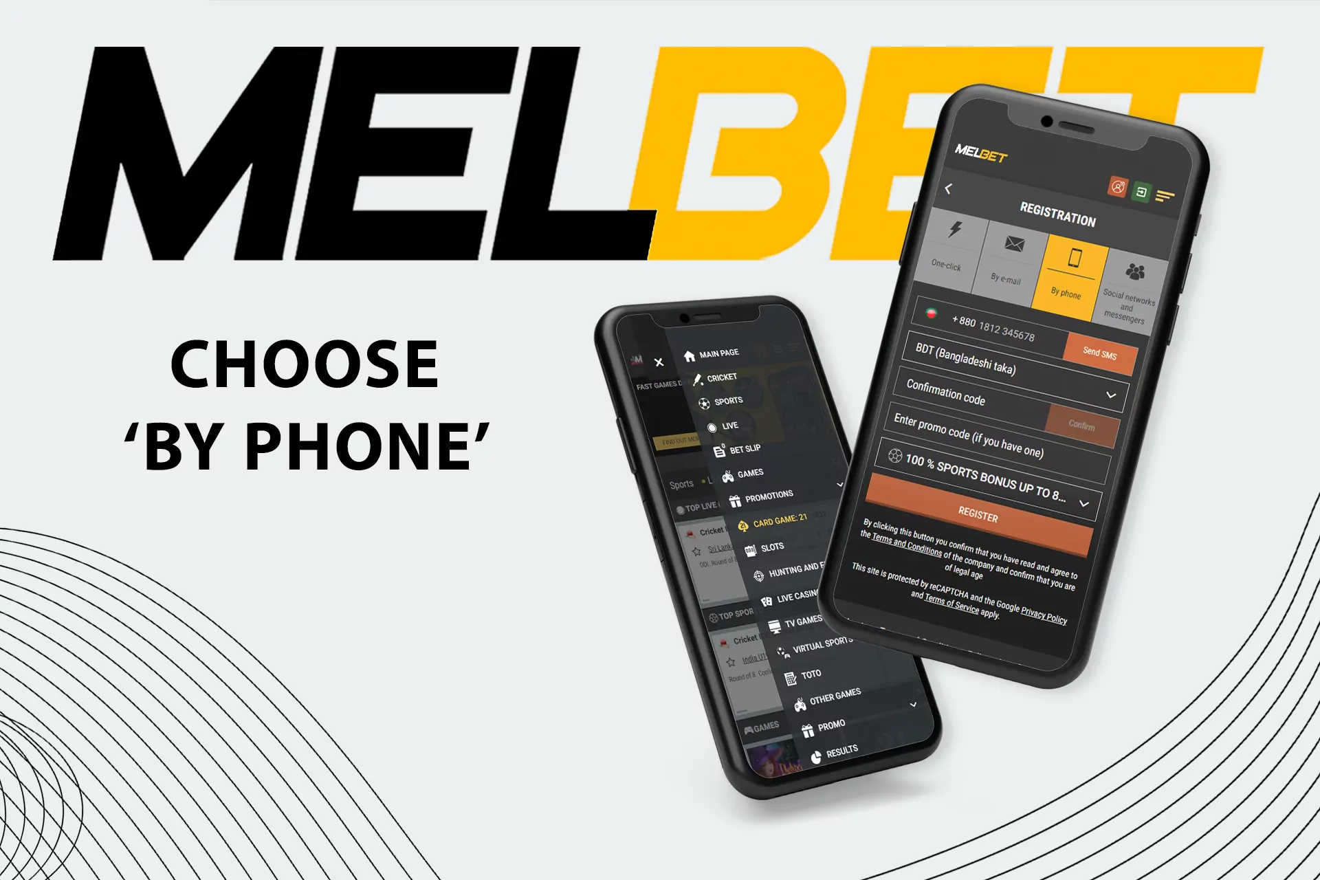 Choose the phone number method to create a new Melbet account.