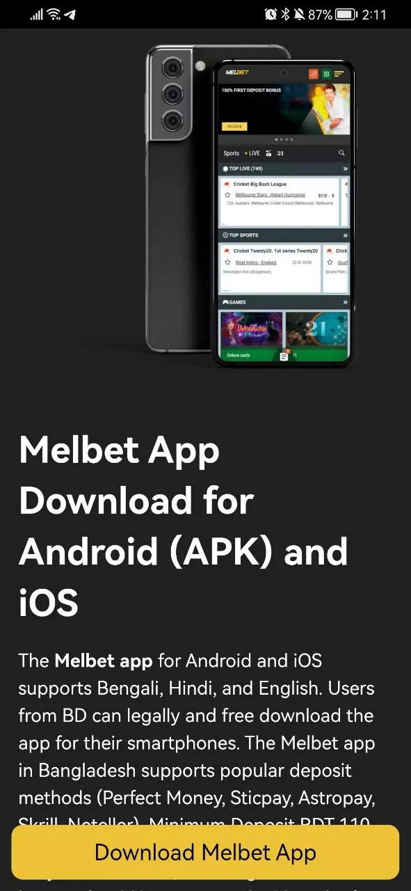 Click on the button to download Melbet APK.