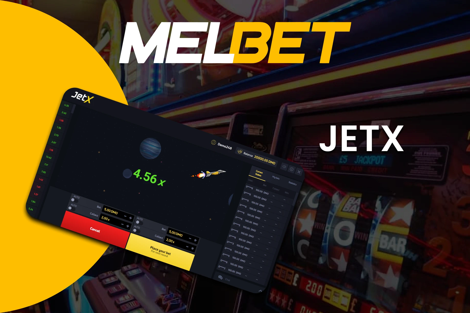 Choose the game JetX from the Crash section from Melbet.