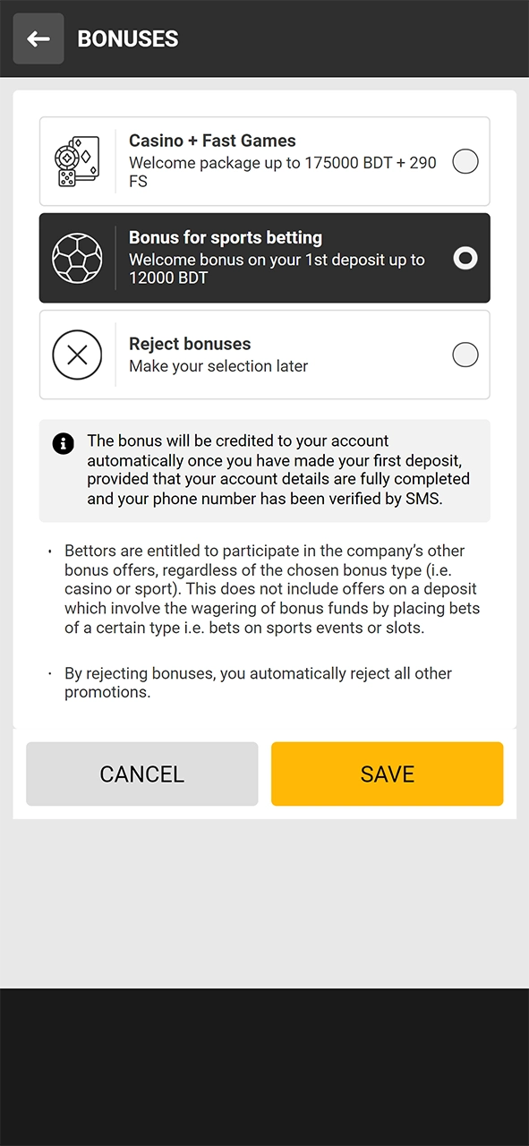 Choose the bonus you would like to receive after creating a Melbet account.