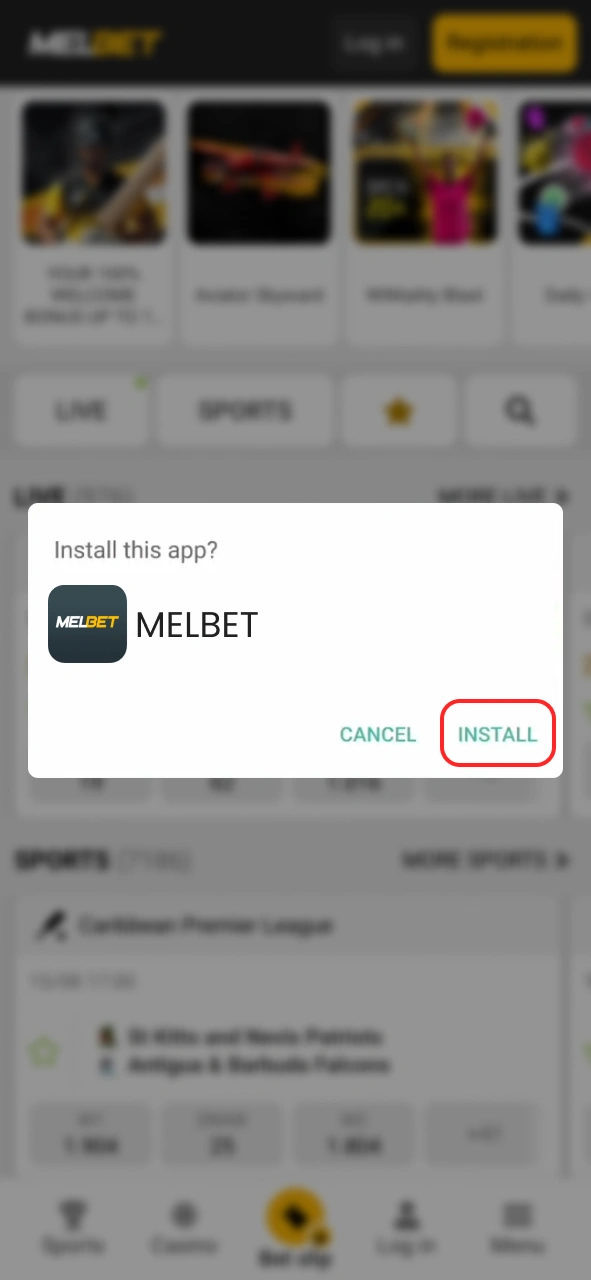 Install the Melbet app by tapping the button, then start using it right away.