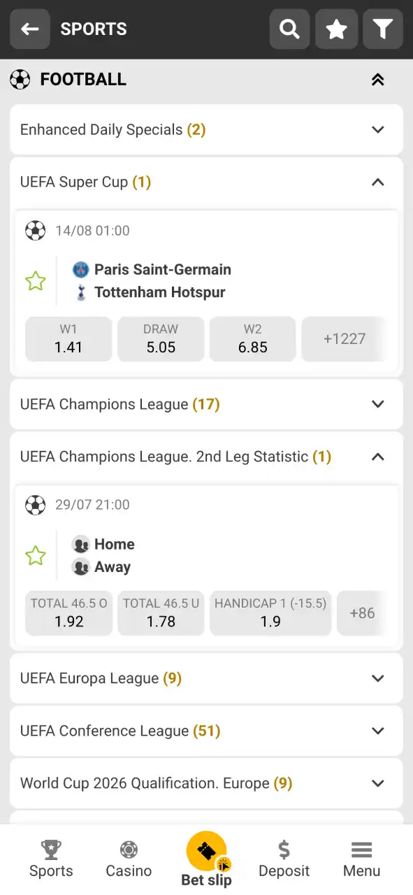 Choose your favorite sport and match on Melbet to see betting options.