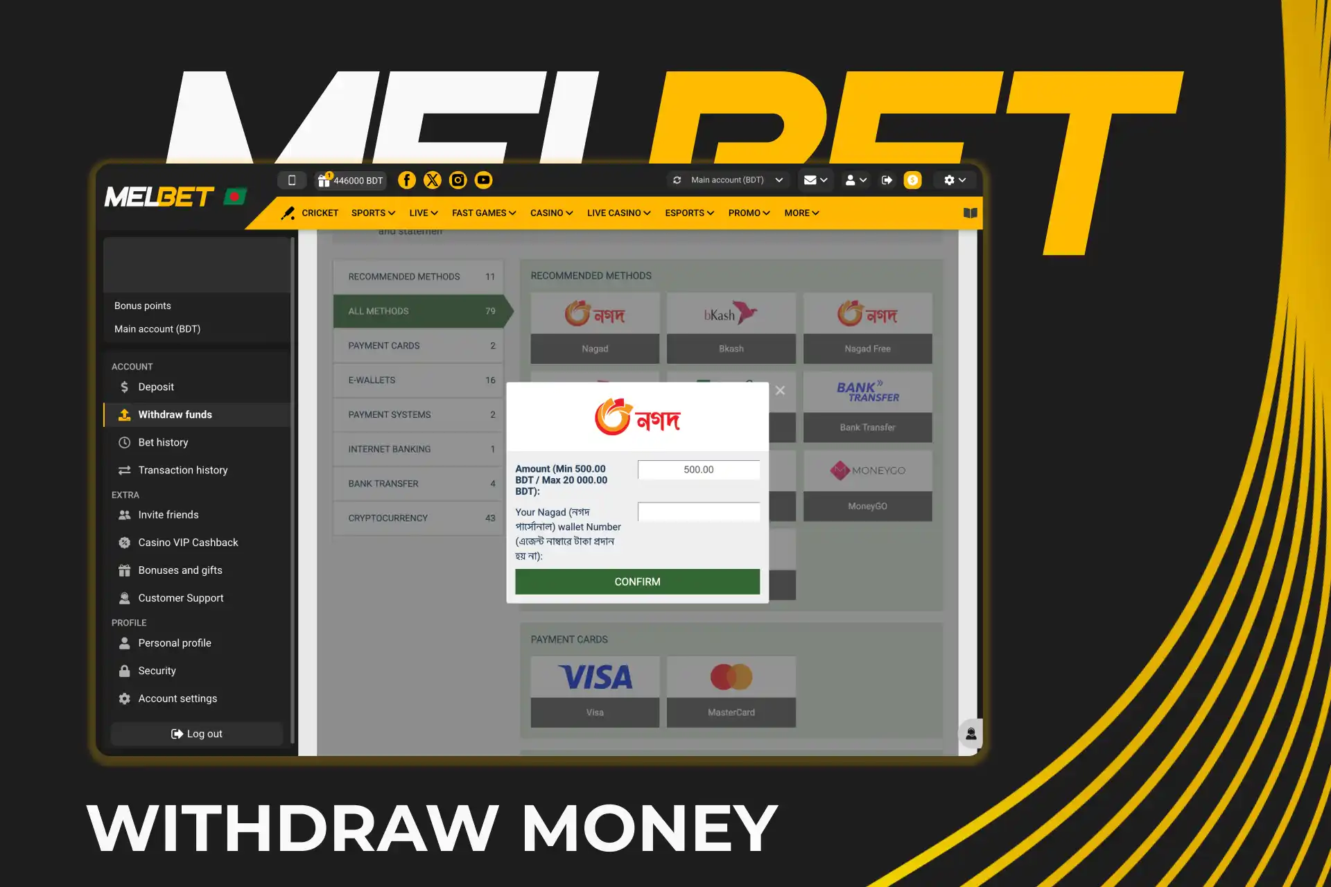 Start withdrawing your Melbet winnings now by entering the amount and confirming your payment details.