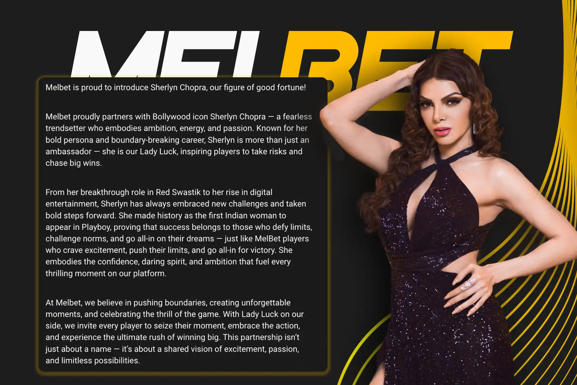 Melbet ambassador Sherlyn Chopra supports brand growth on digital platforms.