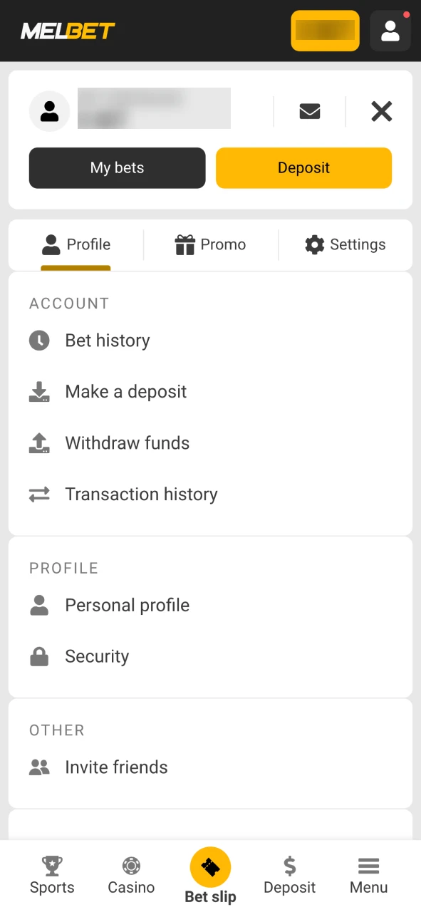 Visit account section in the Melbet app.