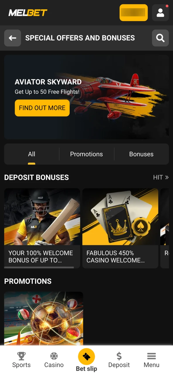 Visit the promotions section in the Melbet app.