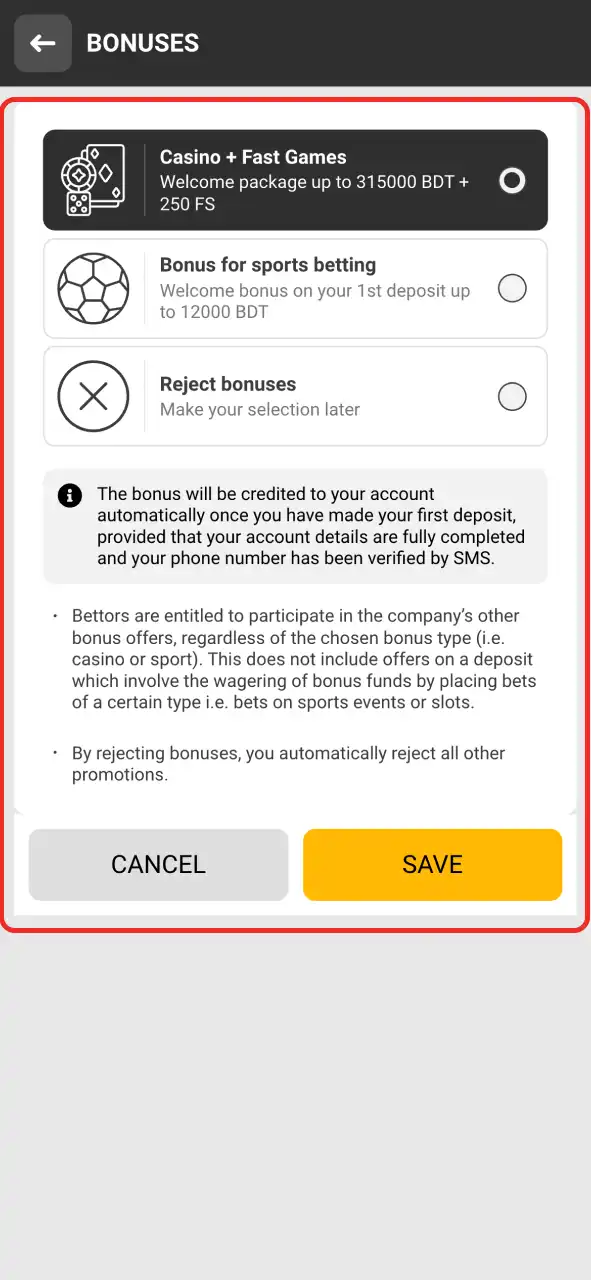 Choose the bonus you would like to receive after creating a Melbet account.