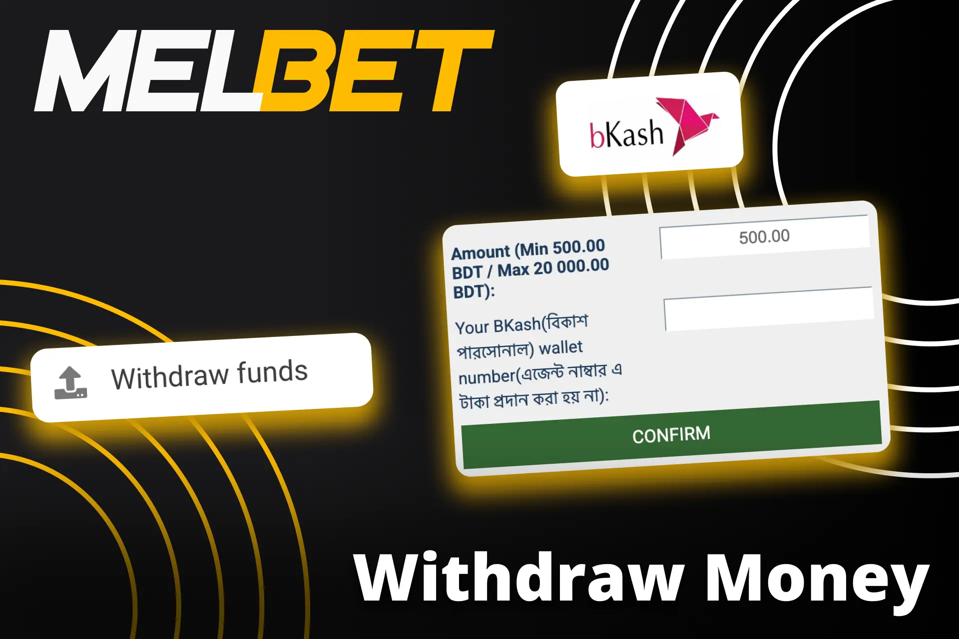 Start withdrawing your Melbet winnings now by entering the amount and confirming your payment details.