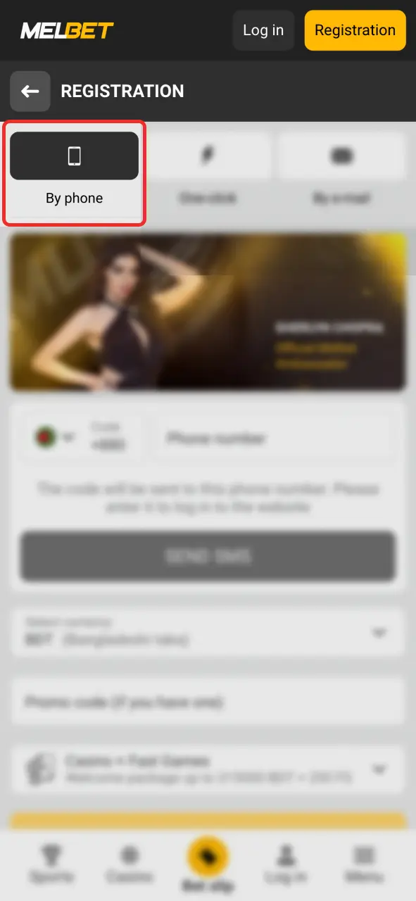 Choose the phone number method to create a new Melbet account.