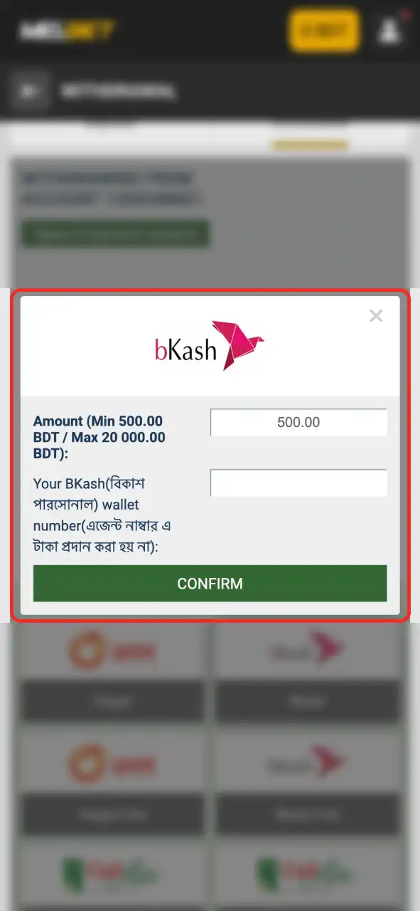 Fill in the details to complete Melbet withdrawal.