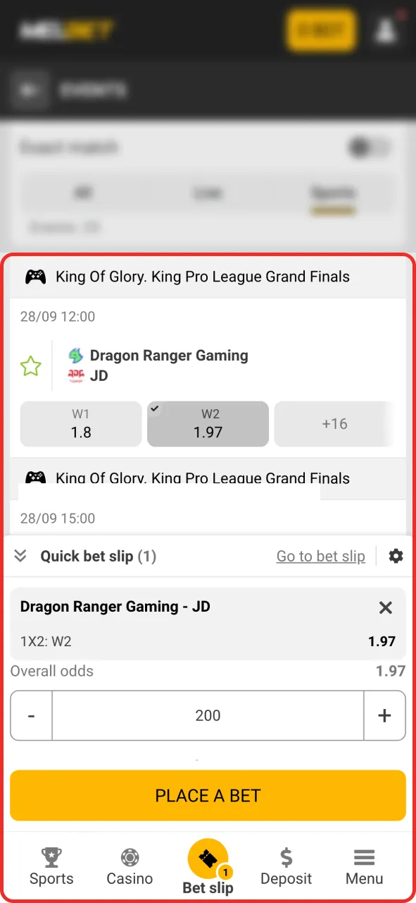 Place your first King of Glory bet at Melbet.