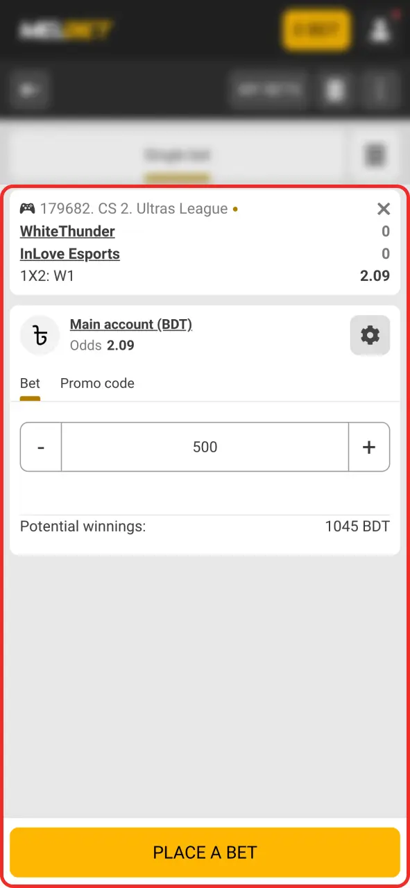 Place your CS2 bet at Melbet, confirm and win.