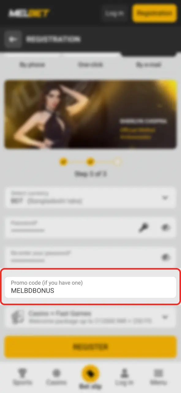 Type the valid Melbet bonus code to activate your welcome offer.