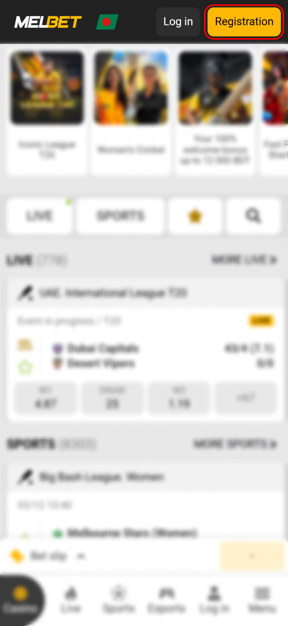 Hit the yellow registration button to sign up for a new Melbet profile.